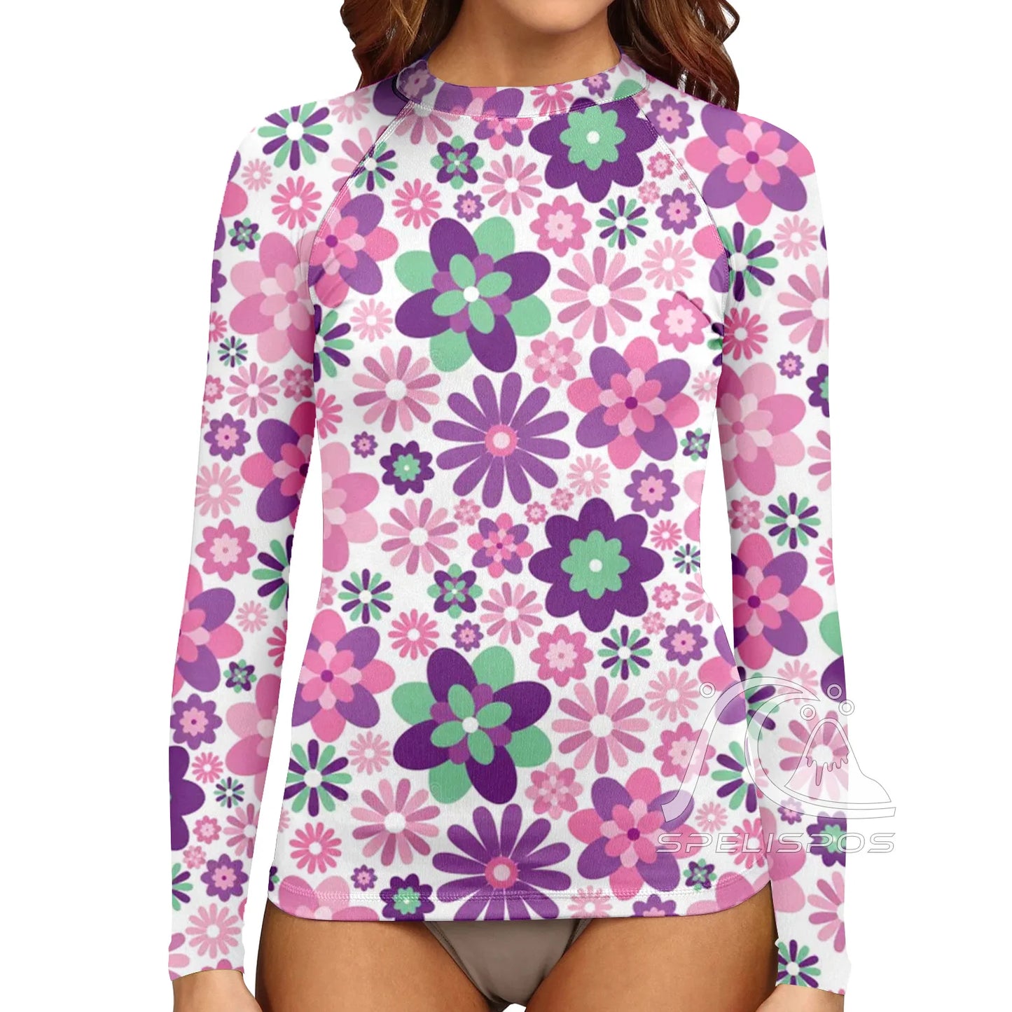 SPELISPOS Women's Long Sleeve Surfing Suit UV Protection Water Sports Tight Swimwear Beachwear Print High-Elastic Surf Wear