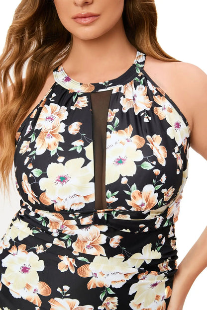 Plus Size One Piece Women's Large Size Swimsuit Vintage Printed Tummy Control Bathing Suit Push Up Monokinis Swimwear