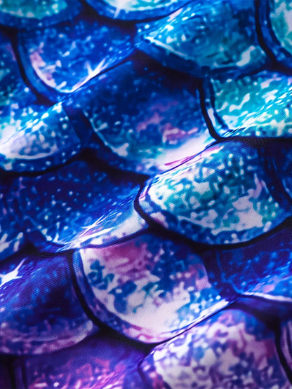 Bikini-cut Bottom Girls Swimsuit, One-Piece Sleeveless 3D Scale Print Swimwear, Beach Half Backless, Kids Ages 3-12 Swim, Summer