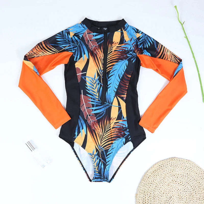 Surfing Sport Push Up Long Sleeve Set One Piece Bathers Women Floral Swimwear Bathing Suit Summer Beachwear