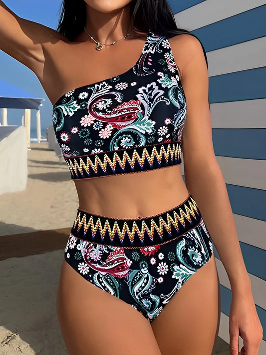 Paisley Print Chevron Tape One Shoulder Swimsuit Women Bikini Swimwear Female Bathers Bathing Swimming Swim Suit Beachwear