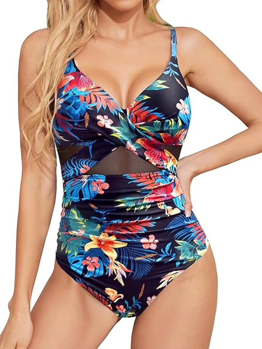 Vintage Strappy Swimsuit Women One Piece Solid Mesh Swimwear Female Bathers Bathing Swimming Swim Suit Beachwear XXL