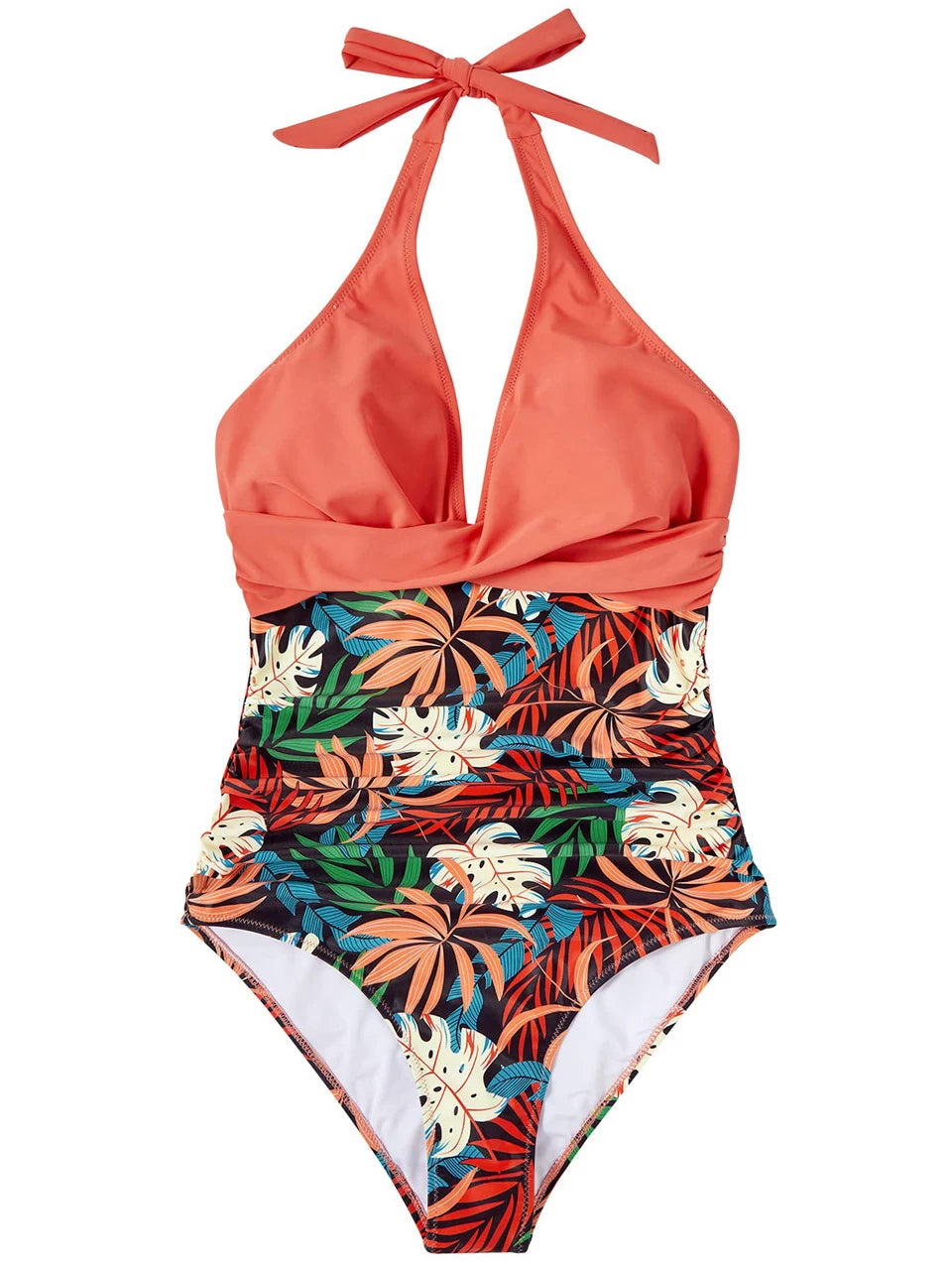 Halter Swimsuit Women One Piece Printed Cross Smocked Swimwear Female Bodysuit Bathing Swimming Suit Padded Beachwear