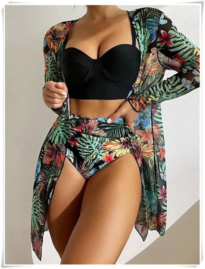 3 Piece Bikini Set Women Cover Up Swimwear Female Tropical Printed Swimsuit Push Up Beachwear Long Sleeve Bathing Suit