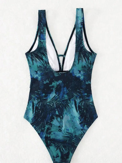 V-neck One Piece Swimsuit Women Printed Swimwear Female Beachwear Bathers Bathing Swimming Swim Suit