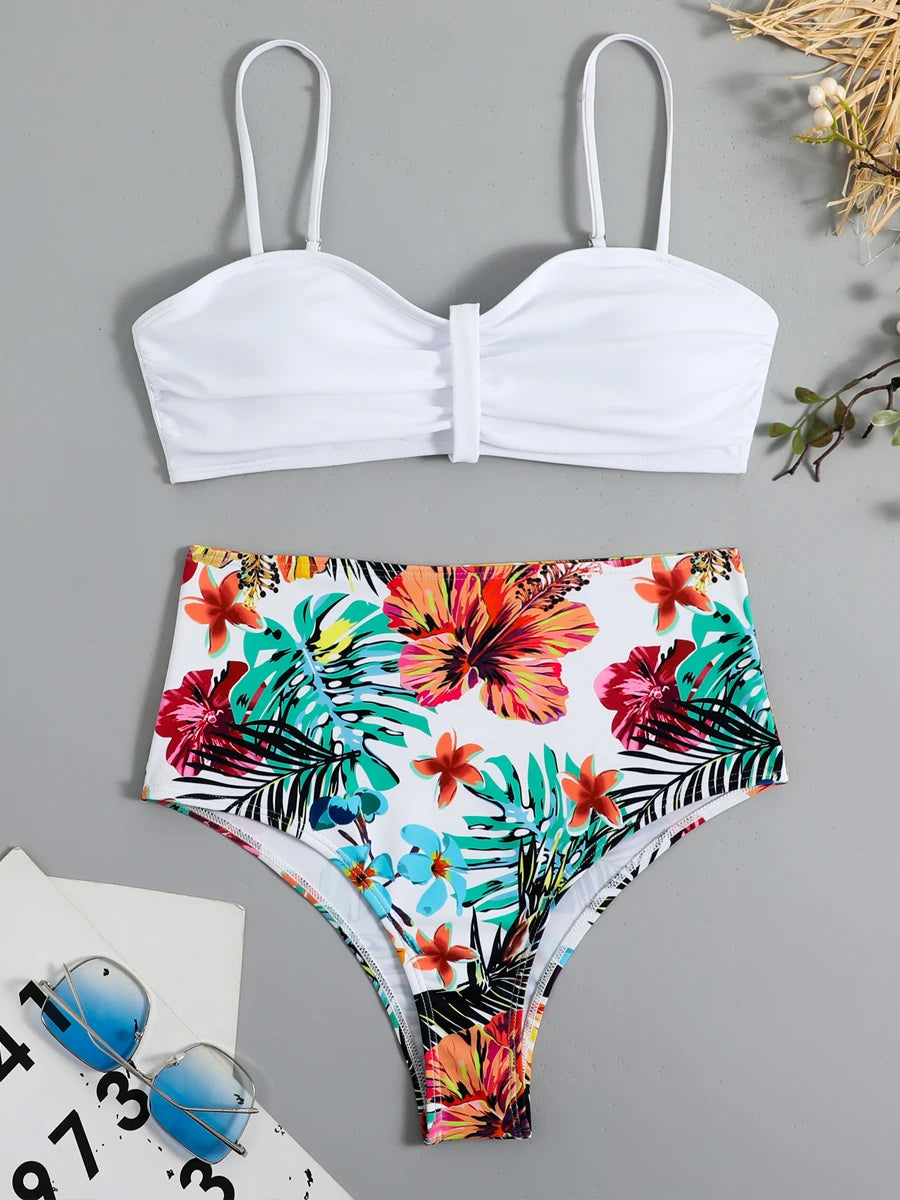 Solid Bandeau Bikini Set Women Tropical Printed Swimwear Female Push Up Swimsuit High Waist Bathing Suit Tie Back Beachwear