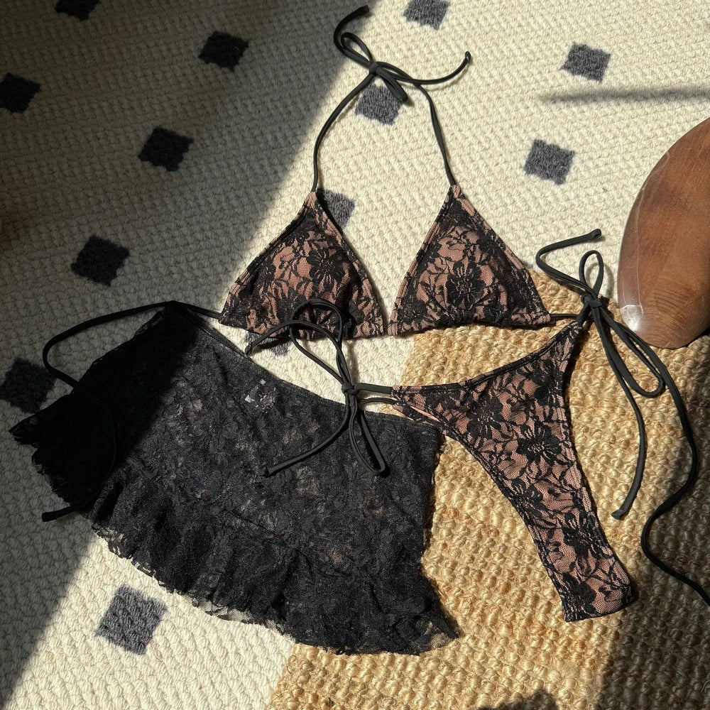 Women's Crochet Lace Charming Bikini Set 3 Piece String Thong Swimsuit with Skirt Brazilian Biquini