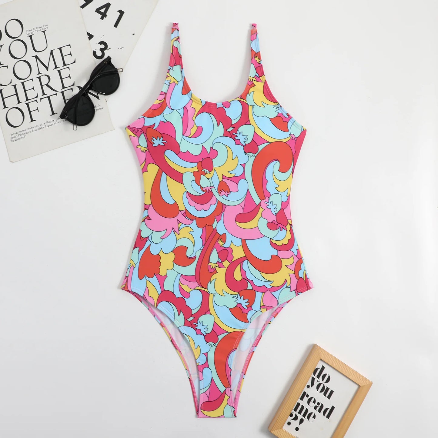 Multi-Color One-Piece Swimsuit Backless Cross-Border Print Adult Women's Swimwear with Chest Pad No Steel Support