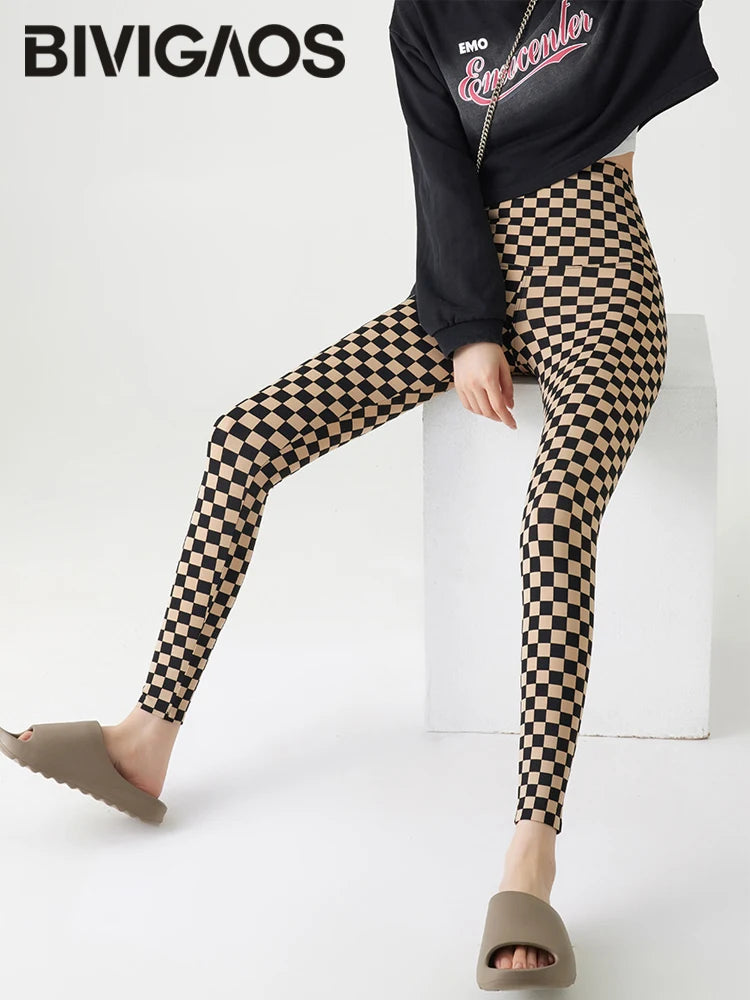 Checkerboard Plaid Shark Leggings Women High Waist Tight Slim Push Up Leggings Seamless Sports Fitness Leggings