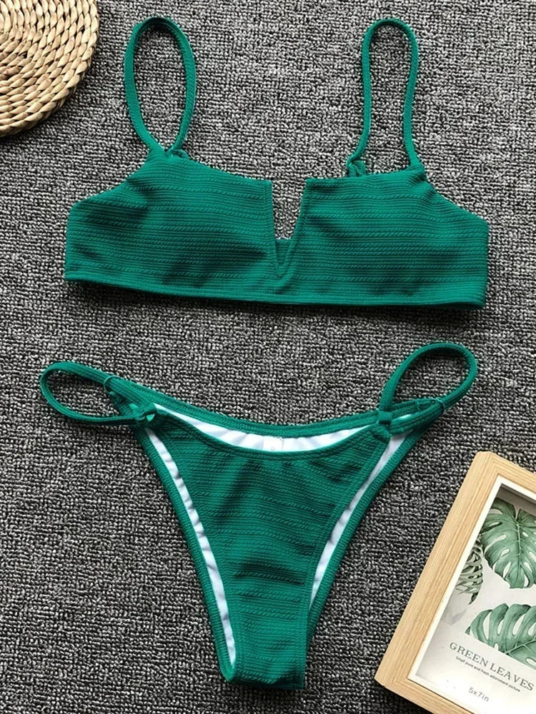 Ribbed Polka Dot Bikinis V-Bar Underwired Bikini Women Swimwear Female Swimsuit Two Pieces Bikini Set High Cut Bathing Suit Swim