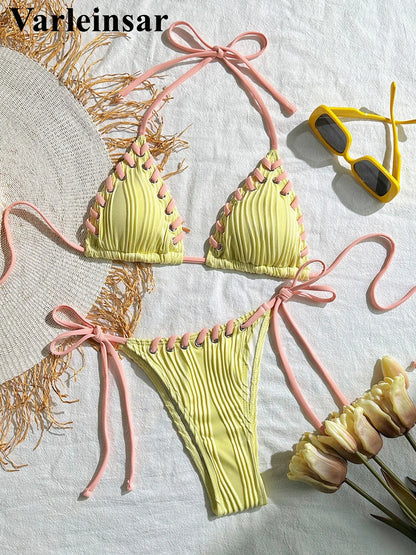 8 Colors Halter Ribbed High Leg Cut Bikini Female Swimsuit Women Swimwear Two-pieces Bikini set Bather Bathing Suit Swim