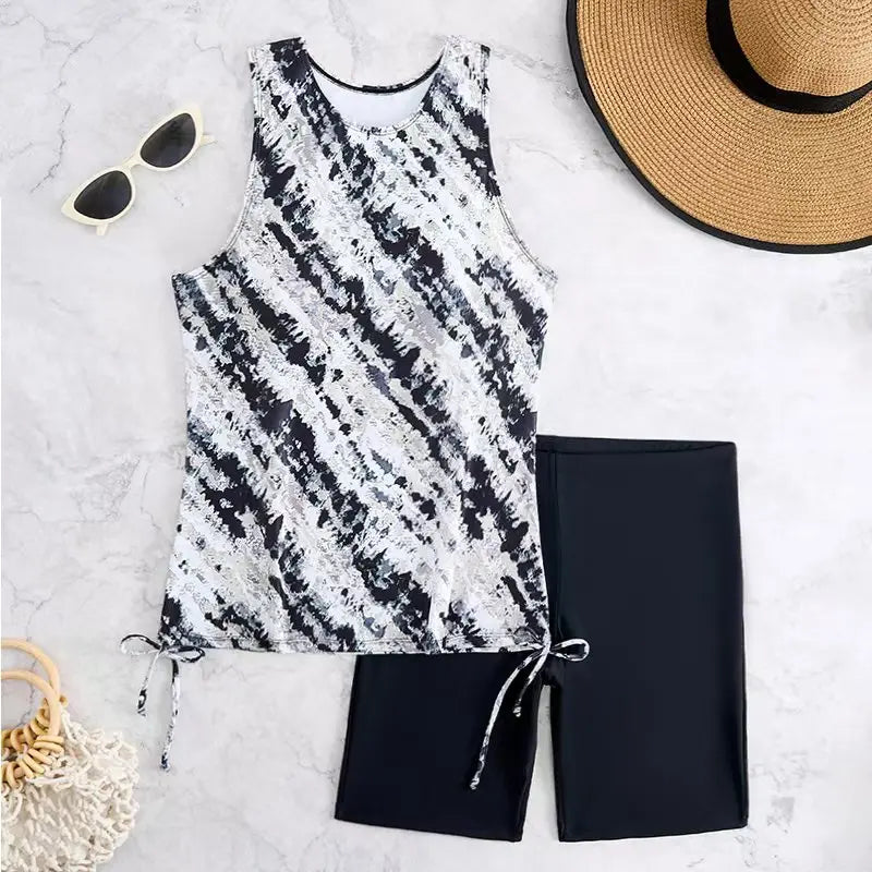 Printed Tankini Set Two Pieces Swimsuit Women Drawstring Swimwear Female & Long knee Shorts Bathing Swimming Swim Suit
