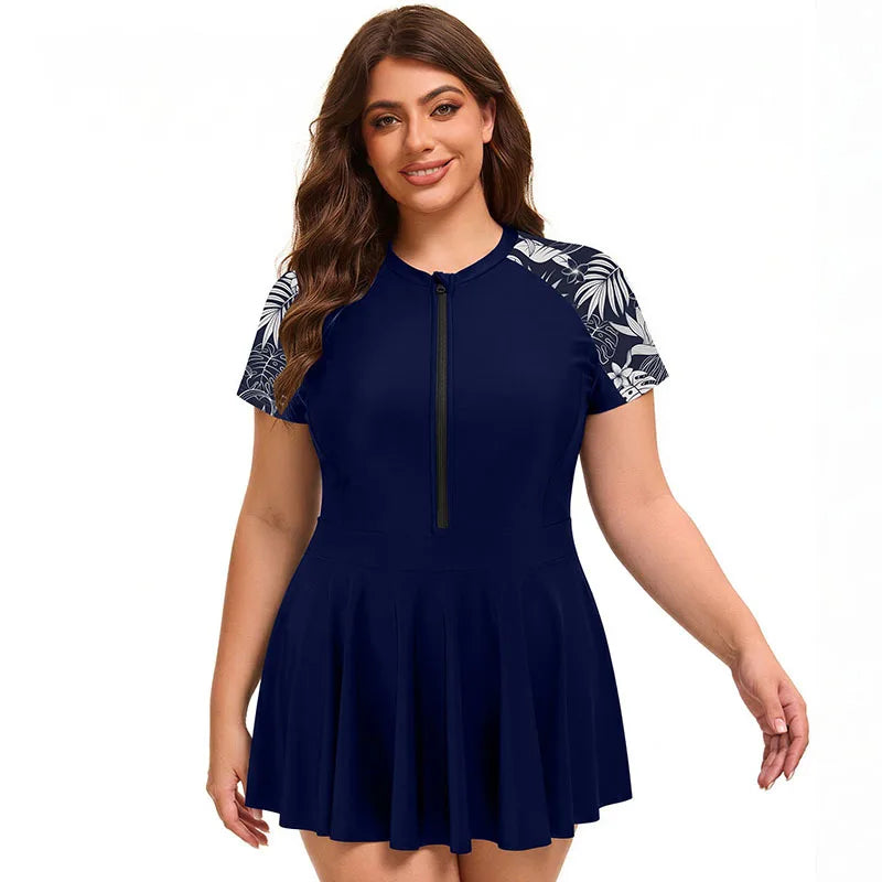 Women Plus Size One Piece Swimsuit Short Sleeve Modest Swimwear Front Zip Skirted Surf Suit UV Protection Rash Guard Swim Dress