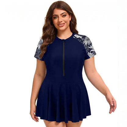 Women Plus Size One Piece Swimsuit Short Sleeve Modest Swimwear Front Zip Skirted Surf Suit UV Protection Rash Guard Swim Dress