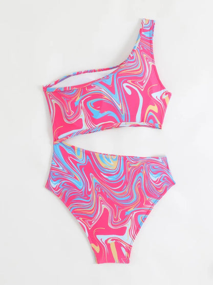 One Shoulder Printed One Piece Swimsuit Women Hollow High Cut Swimwear Female Bathers Bathing Swimming Suit Padded Beachwear