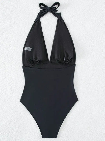 Solid Halter Tied Swimwear Women V Neck Push UP High Cut Swimsuit One Piece Backless Summer Bathing Suit