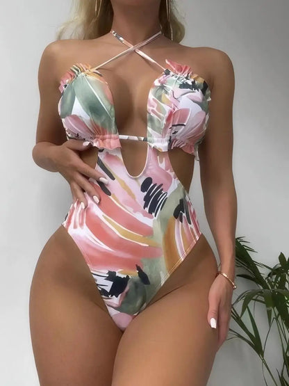 High Cut Out Swimsuit Women One Piece Halter Ruffle Swimwear Female Monokini Bathing Swimming Suit Padded Beachwear