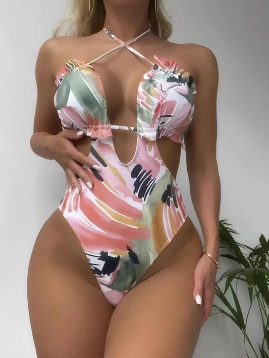 High Cut Out Swimsuit Women One Piece Halter Ruffle Swimwear Female Monokini Bathing Swimming Suit Padded Beachwear