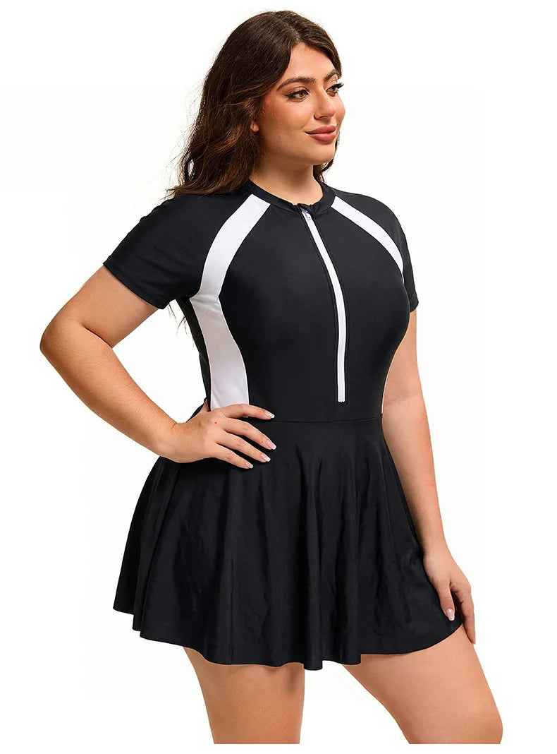 Women's Plus Size Color block Swimwear One Piece Swimsuit Full Zip Short Sleeve Rash Guard UPF 50+ Beach Bathing Suit Beachwear