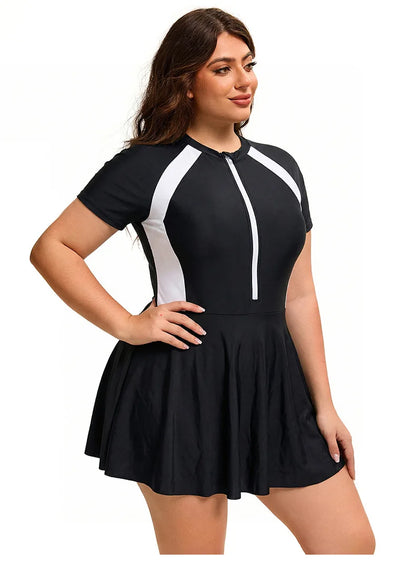 Women's Plus Size Color block Swimwear One Piece Swimsuit Full Zip Short Sleeve Rash Guard UPF 50+ Beach Bathing Suit Beachwear