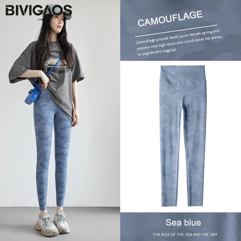 Spring Summer High Waist Colours Camouflage Shark Leggings Women Slim Sport Leisure Leggings Yoga Fitness Leggings