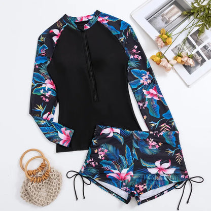 Female Swimsuit With Long Sleeves Rash Guard 2 Piece Swimwear Sports Surfing Tankini Set Beachwear Two-Piece Bathing Suits Pool Women Swimming Suit