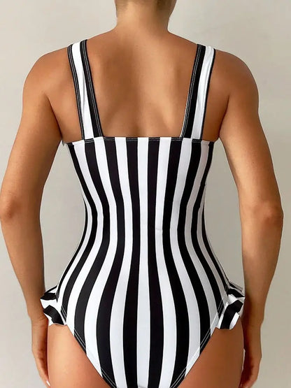 Stripe Front Lace-Up One Piece Swimsuit Summer Beach Swimwear Bathing Suit For Women