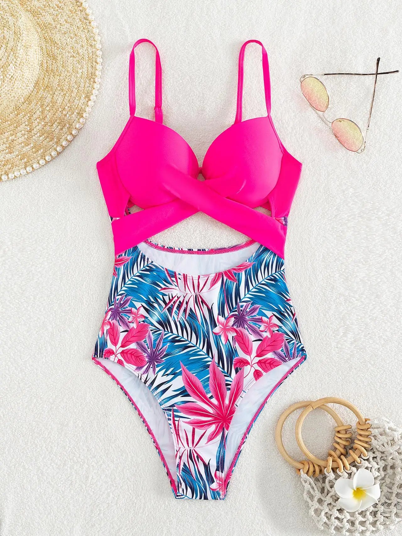 Cikini-Women's Tropical Print Cut Out Twist Push Up Swimsuit, Summer Beach Swimwear, Bathing Suit for Women, 1 Pc