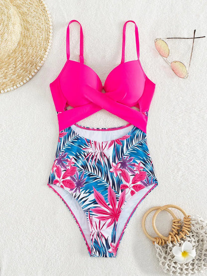 Cikini-Women's Tropical Print Cut Out Twist Push Up Swimsuit, Summer Beach Swimwear, Bathing Suit for Women, 1 Pc