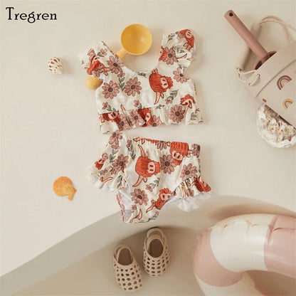 Tregren Cute Toddler Baby Girl Bikini Flower/Bull Head Print Swimsuit Ruffle Swimwear Summer Swimming Pool Hot Spring Beach Wear