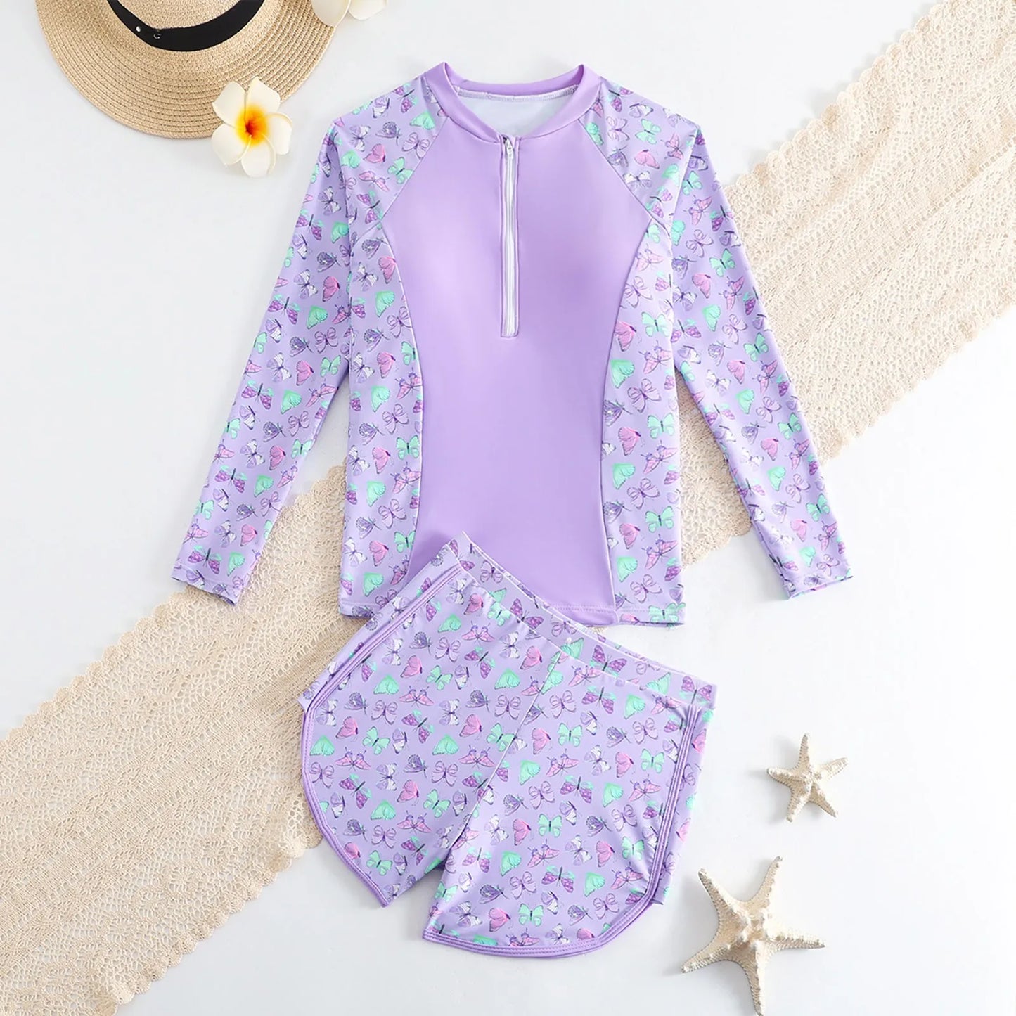 Girls Swimsuit Long Sleeve Shorts Set Fashion Beach Printed Girls Swimsuit children's swimsuit