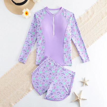 Girls Swimsuit Long Sleeve Shorts Set Fashion Beach Printed Girls Swimsuit children's swimsuit