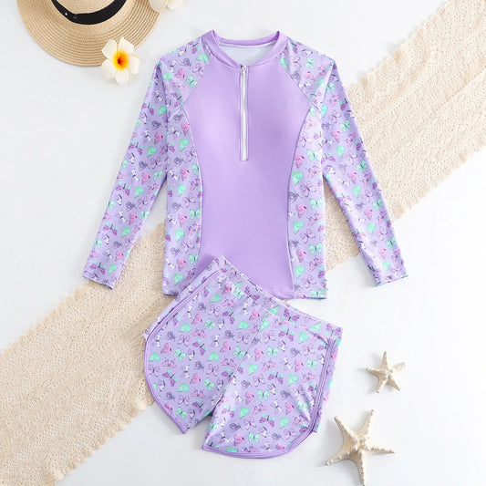 Girls Swimsuit Long Sleeve Shorts Set Fashion Beach Printed Girls Swimsuit children's swimsuit