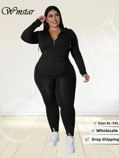 Wmstar Plus Size Two Piece Outfits Women Hoodies Sweatsuit Leggings Pants Sets Solid Stretch Matching