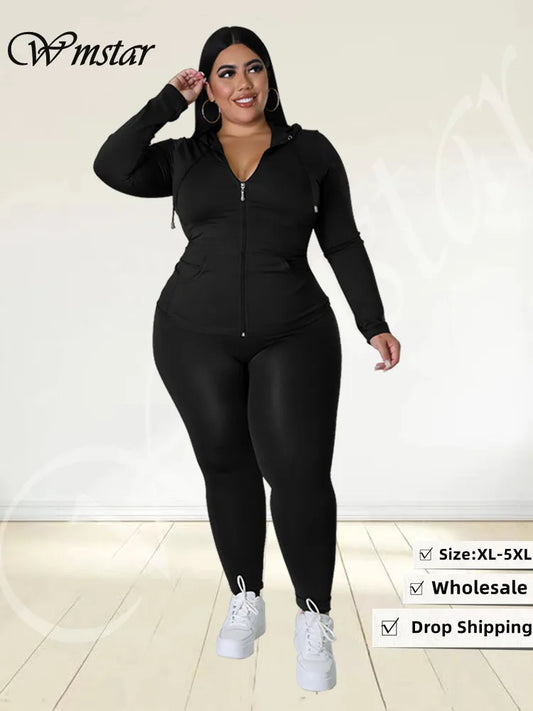 Wmstar Plus Size Two Piece Outfits Women Hoodies Sweatsuit Leggings Pants Sets Solid Stretch Matching
