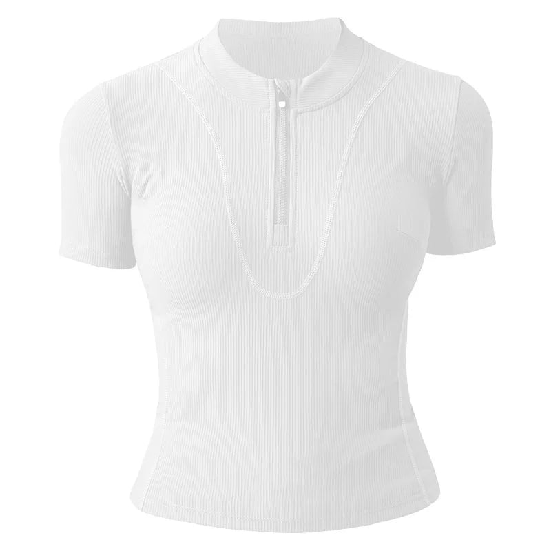 Aiithuug Women Slim Fit Gym Shirts Half Zip Workout Tops Quarter Zip Fitness Shirt Running Quicky Dry Short Sleeve Yoga Tops