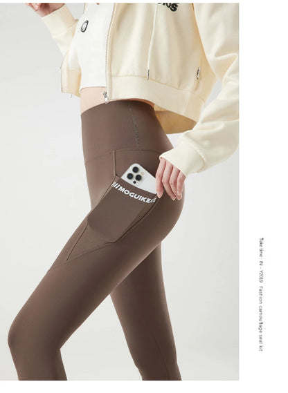 Pocket Brushed Shark Leggings Women Autumn Light Fleece Phone Leggings Slim Tight-Fit Sports Yoga Fitness Leggings