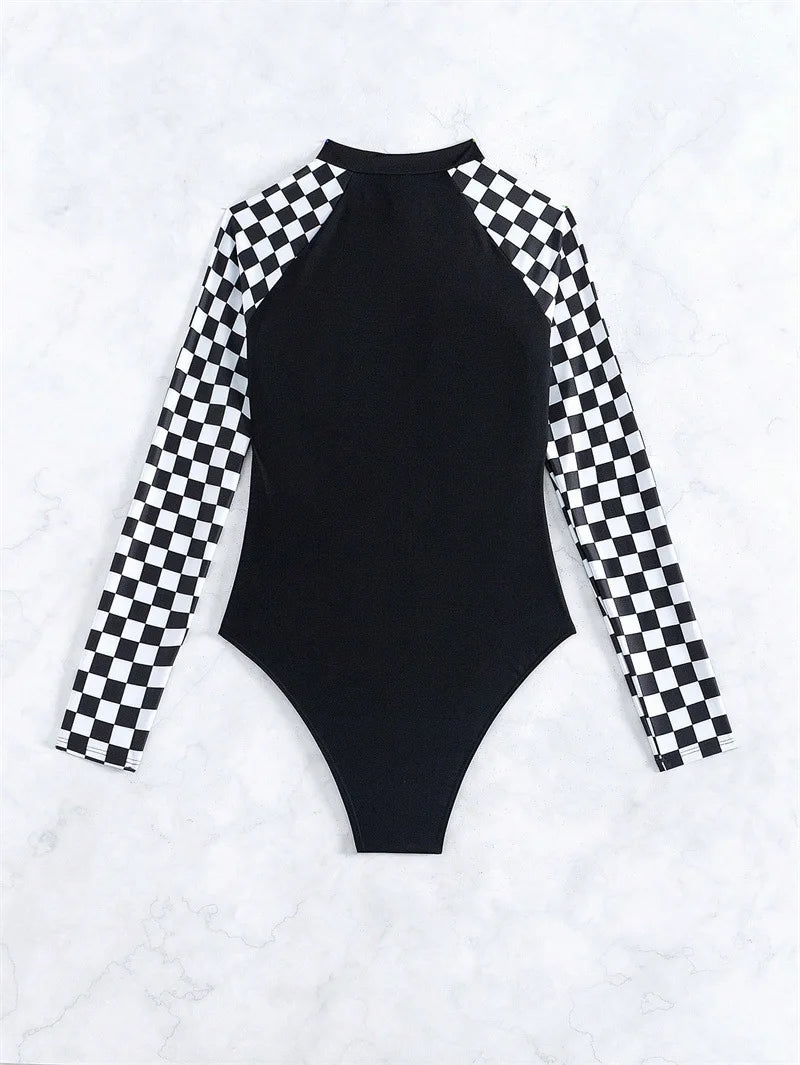 Plaid One-Piece Swimsuits Closed Long Sleeve Swimwear For Sports Surfing Bodysuit Women Swim Bathing Suit Beachwear Pool Bather