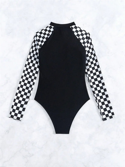 Plaid One-Piece Swimsuits Closed Long Sleeve Swimwear For Sports Surfing Bodysuit Women Swim Bathing Suit Beachwear Pool Bather