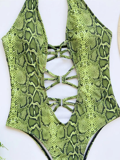 Women's Swimsuits Snake Skin Printed Monokini Women Swimwear One Piece Swimsuit Female Tummy Cut Out Bathing Suit Swim Lady
