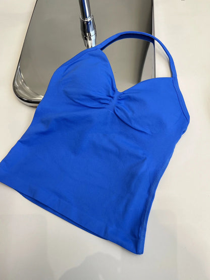 Longline Strappy Gym Top Custom Logo Backless Gym Clothes Women Scrunch Built-in Bra With Removable Cups Yoga Tank Tops