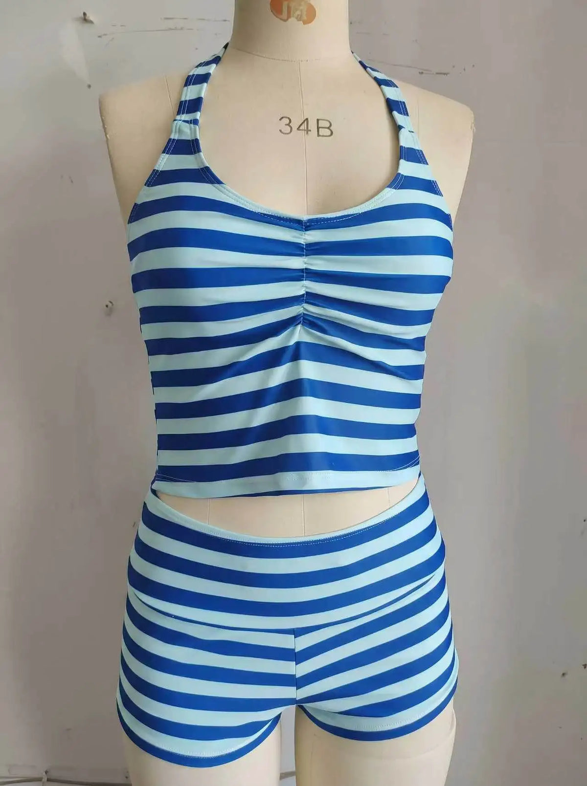 Striped Halter Tankini Set – 2-Piece Ruched Top & Boyshort Swimsuit