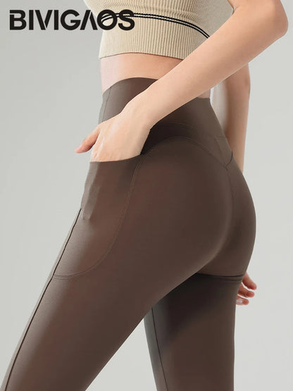 Winter Fleece Pocket Sharkskin Leggings Women High Waist Tight-Fit Velvet Thickened Warm Sports Running Leggings