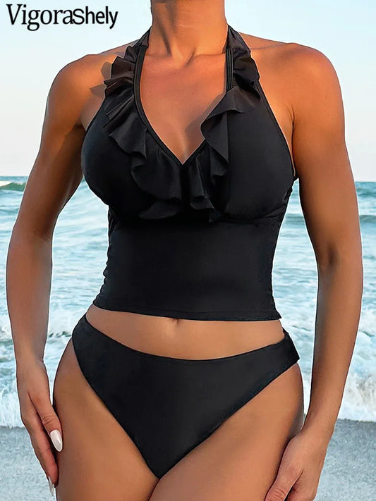 Ruffle Halter Bikini Set Women Solid Push Up Swimsuit Lady Backless Swimwear Brazilian Beach Bathing Suit