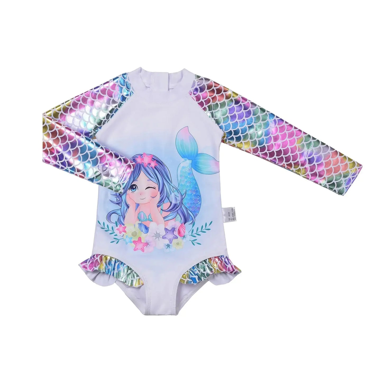 Children's Swimsuit Baby Girls Mermaid Long Sleeve One-Piece Swimsuit Princess Cartoon Girl Swimwear for Hot Spring