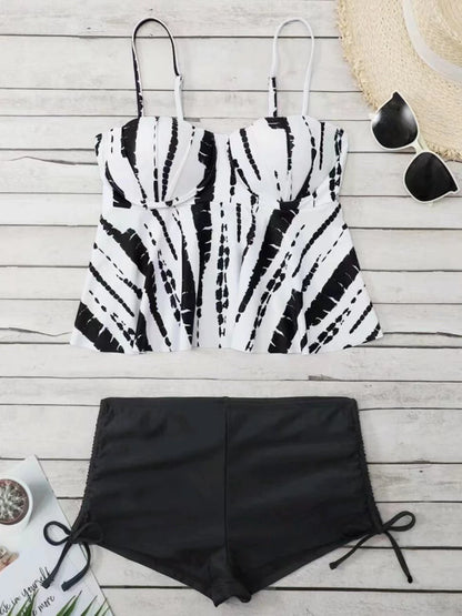 Shell Hard Wrapped Front Tankini Set Women Swimsuit Drawstring Bottom Two-Piece Suit Black/Malachite Blue/Violet