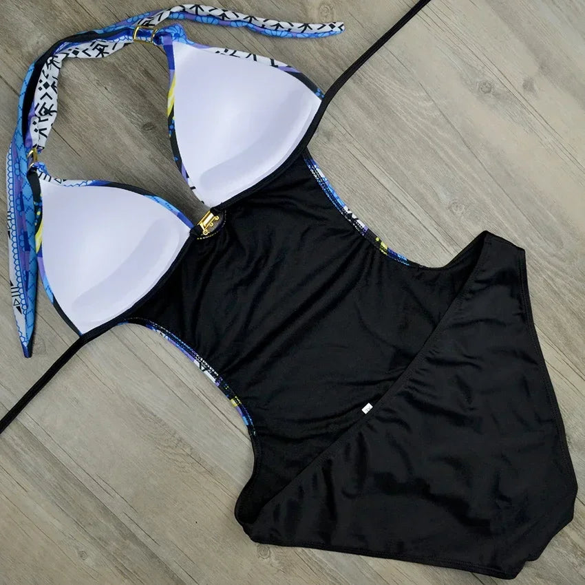 S - XXL Color Pattern Printed Bra Cup Female Swimwear One Piece Swimsuit Women Push Up Monokini Backless Bather Bathing Suit Swim Lady