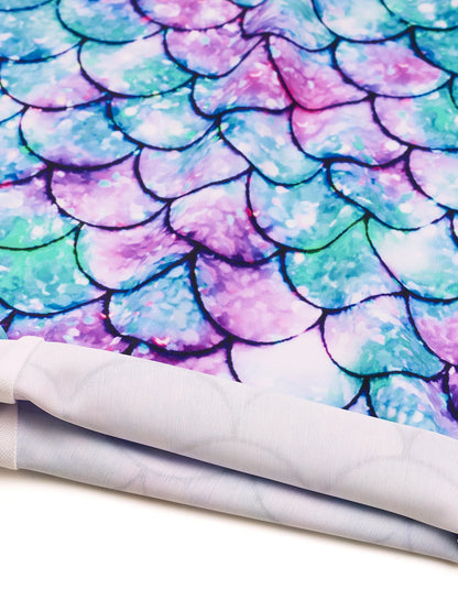 Boyleg Shorts Swimwear Kids Girl Long Raglan Sleeve Swimming Suit Kids Scale Print Ombre Dyeing Color Zipper Beach Swimsuit