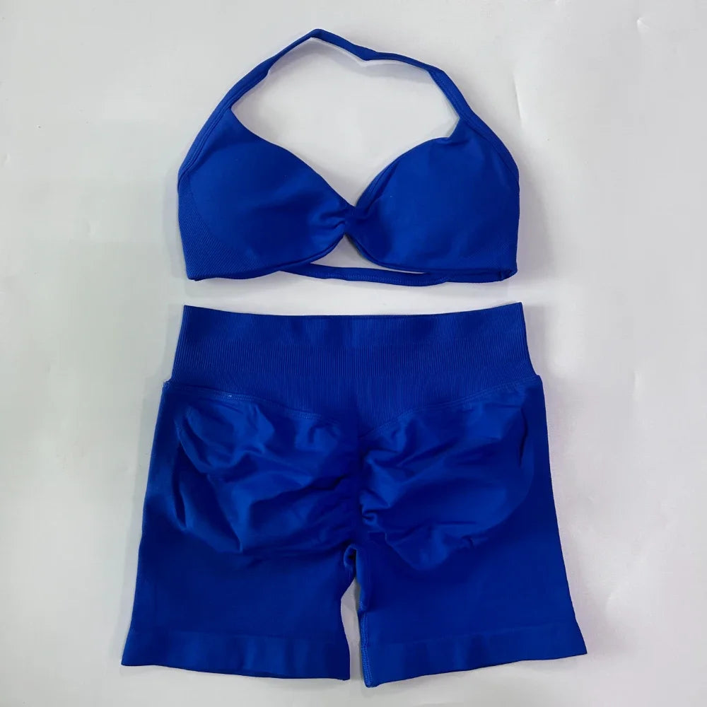 2PCS Gym Set Women Strappy Yoga Bra Top High Waist Workout Scrunch Shorts Sports Suit Seamless Yoga Set Fitness Clothes