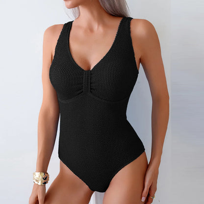 Scoop Neck One Piece Swimsuit Woman Backless Bodysuit Crinkle Swimwear Beach Wear Blue Bathing Suits Ladies Holiday Summer